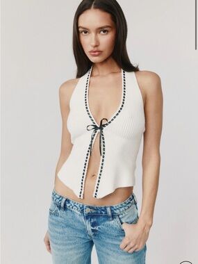 With Jean White Ribbed Halter Tank with Black Trim Tie